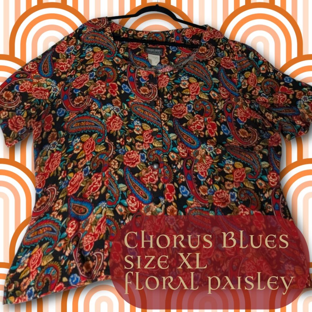 Vintage Chorus Blues Floral Paisley Blouse Size XL 100% Cotton